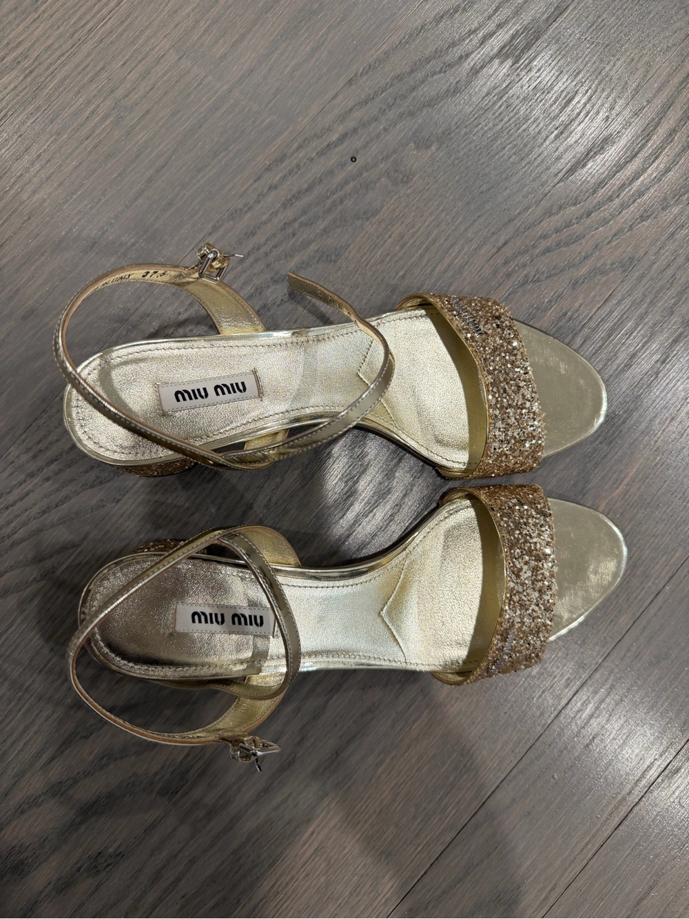 Miu Miu Gold Glitter Block Heel Sandal EU 37.5 Made in Italy - Picture 4 of 7